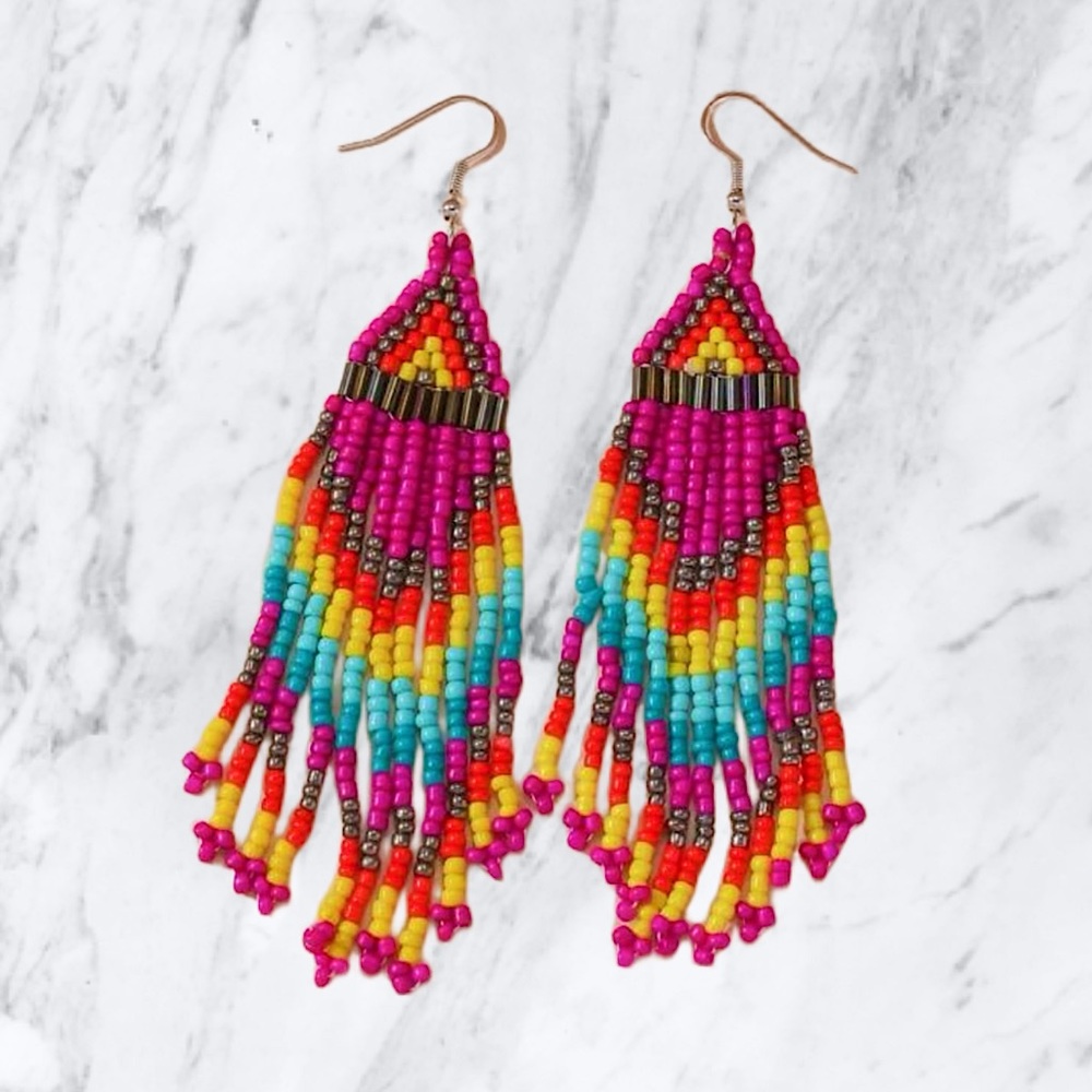 Brand New Vibrant & Colorful Beaded Tassel Drop Earrings